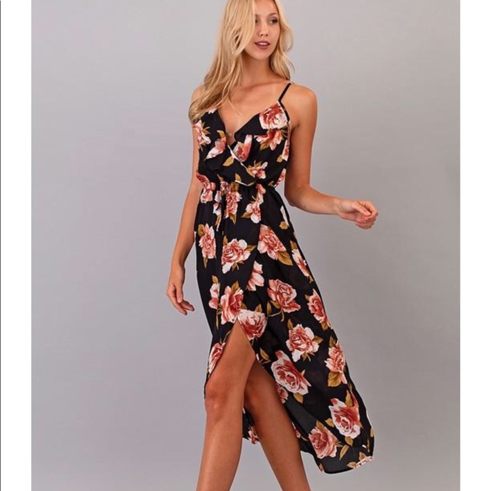 VALENTINA RUFFLE FLORAL MAXI WRAP DRESS